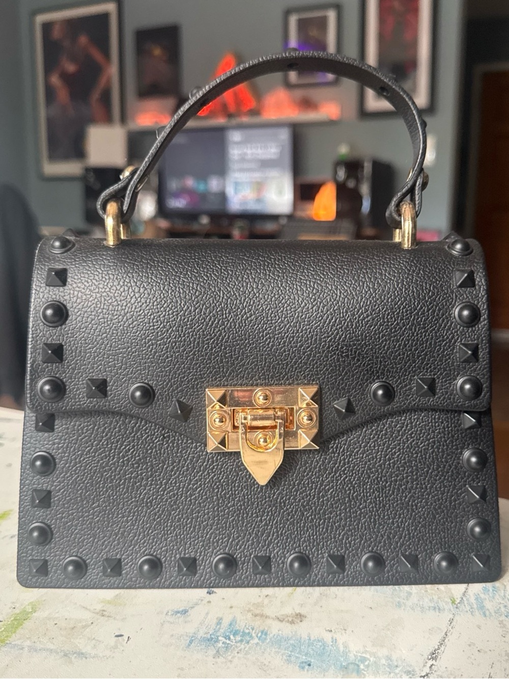 Black Studded Top-Handle pleather Handbag with Gold Lock